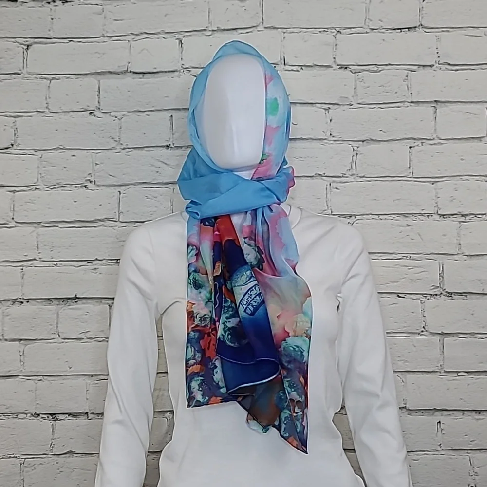 Unbranded Flowy Vibrant Floral Sheer Chiffon Classic Oblong Scarf Bl/Pnk Multi